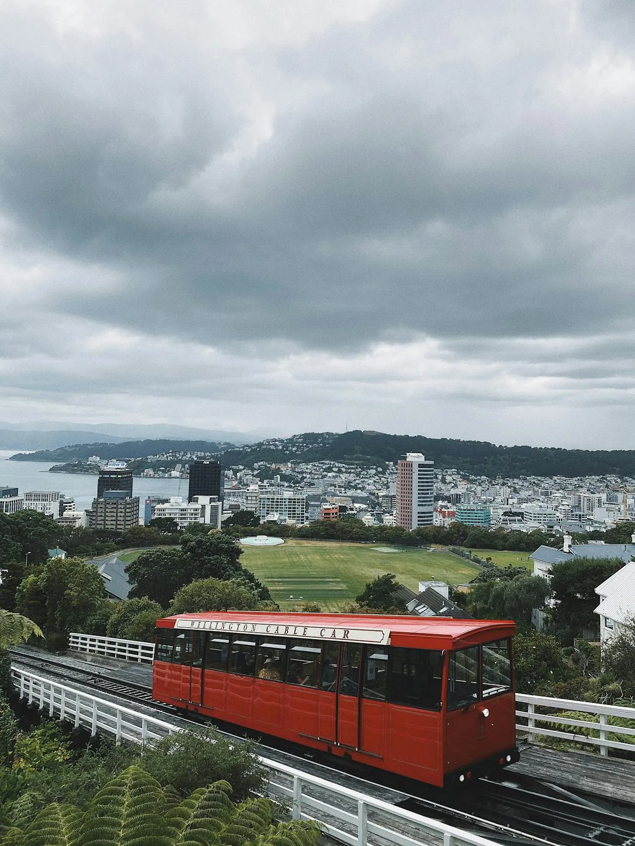 Iconic red Wellington Cable Car with panoramic city and harbour views in New Zealand capital