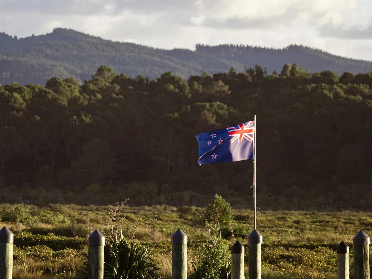 New Zealand national flag flying proudly with native bush and hills on Waitangi Day